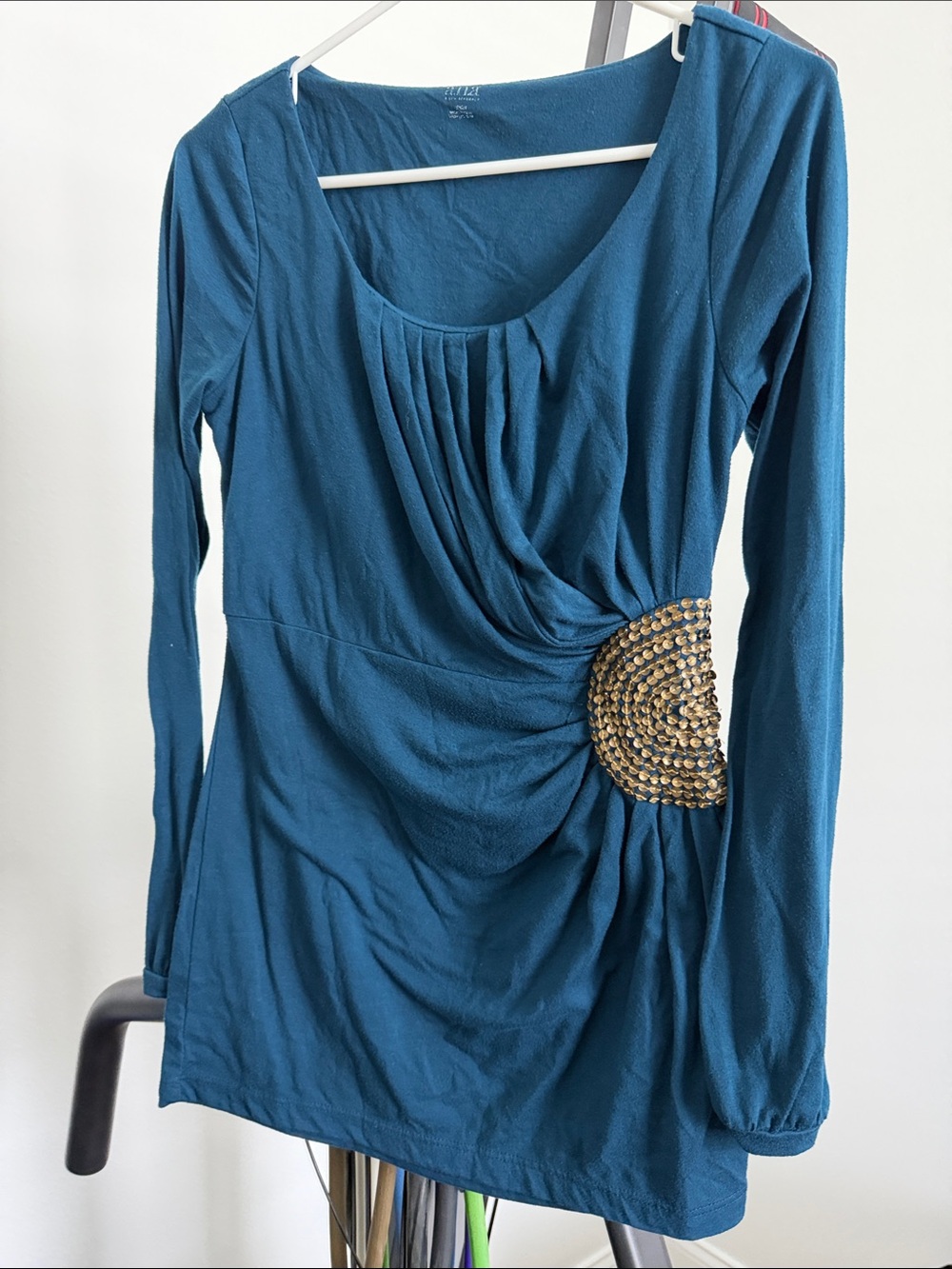a.n.a Teal Long-Sleeve Drape Top with Gold Sequin Medallion